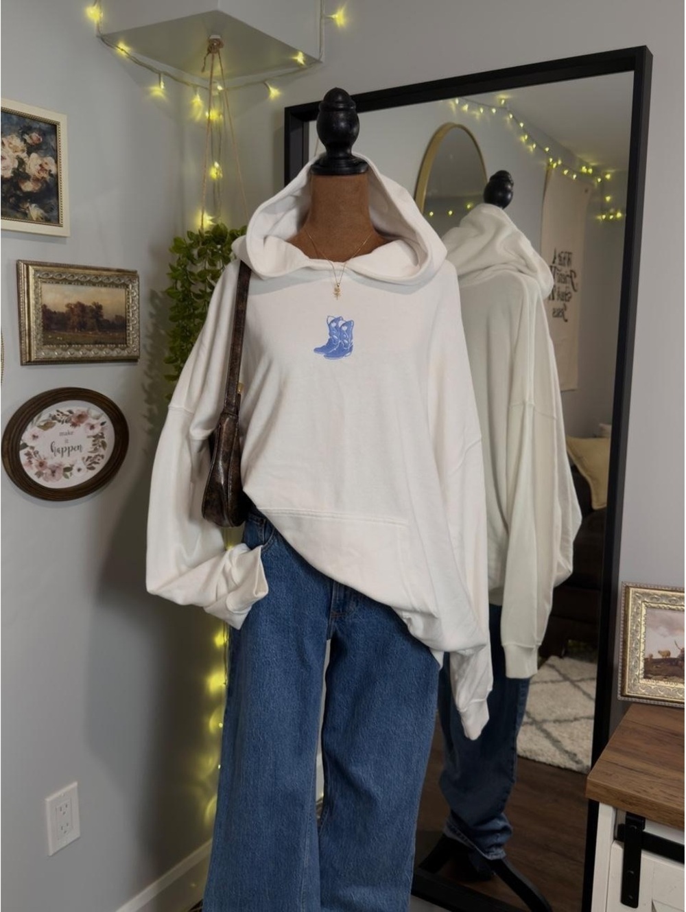 Oversized Embroidered Cowboy Boot Hoodie 🤍